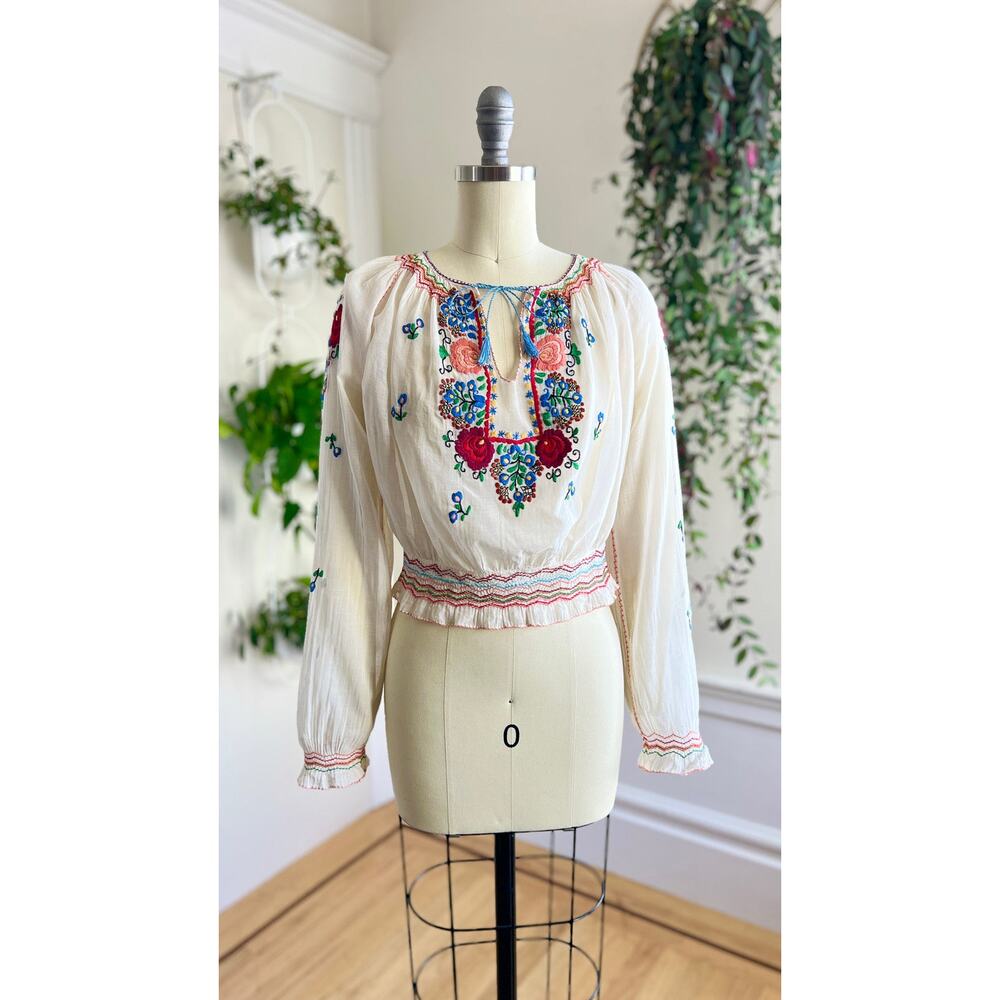 Vintage 1930s Peasant Top 30s Hungarian Floral Embroidered White Folk Blouse - Picture 4 of 10